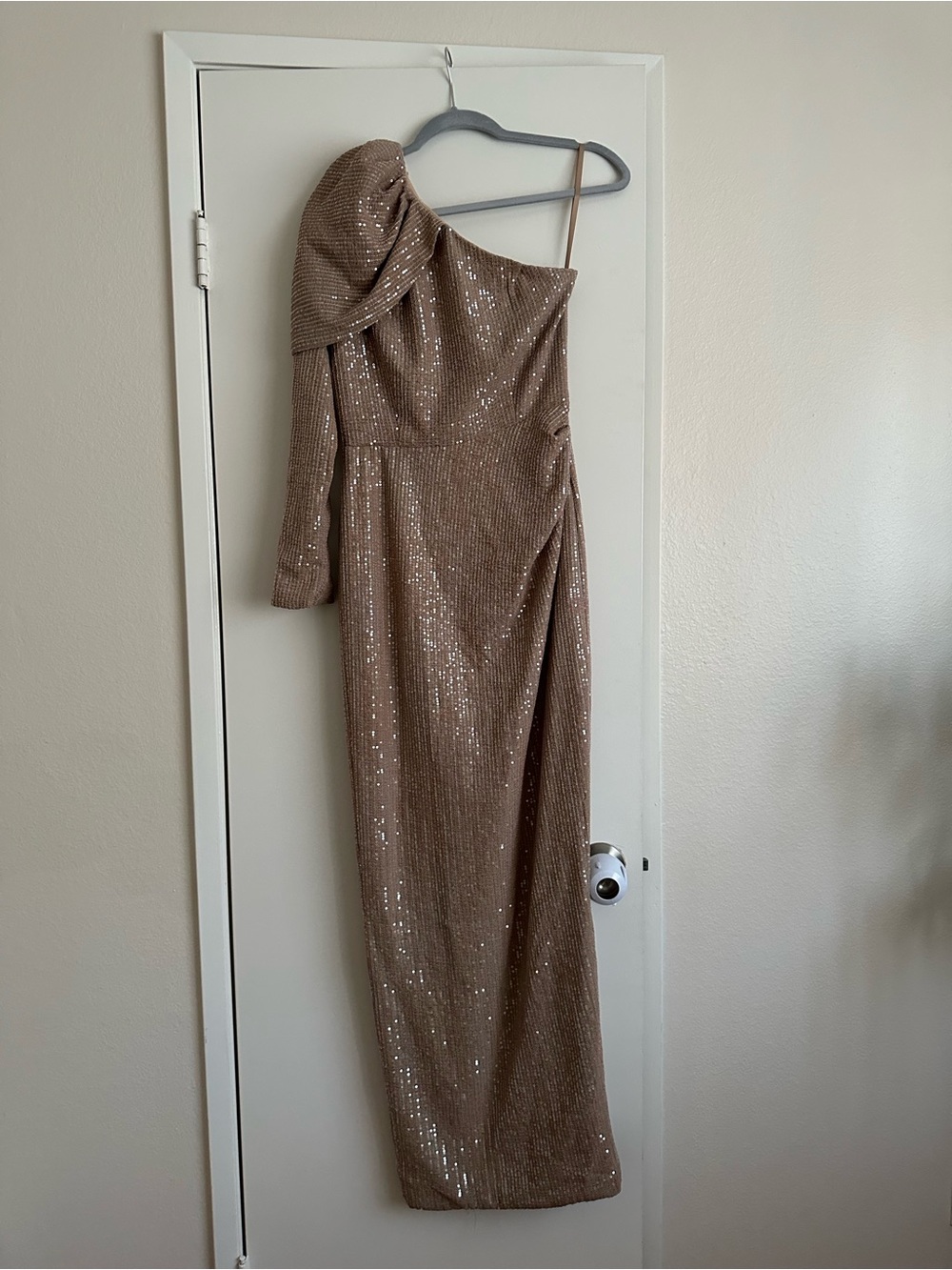 One-Shoulder Sequin Gown in Taupe